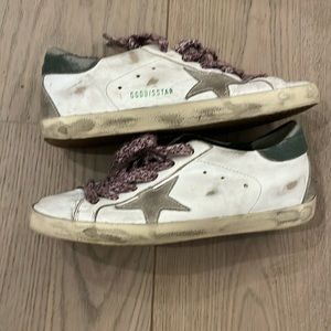Golden goose sneakers size 8 in purple laces and green and grey accent